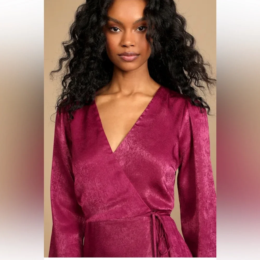 Lulu's Fuchsia Long Sleeve Wrap Dress - Picture 5 of 9